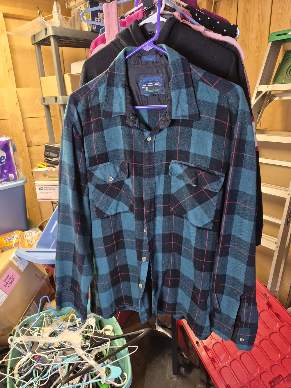 Casual Teal and Black Plaid Button-Down Shirt Bin 66
